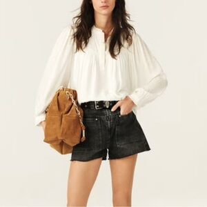 Sundays White Puff Sleeve Blouse with Mandarin Collar